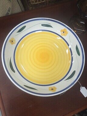 Roma Yellow Floral Ceramic Serving Bowl with Blue Trim